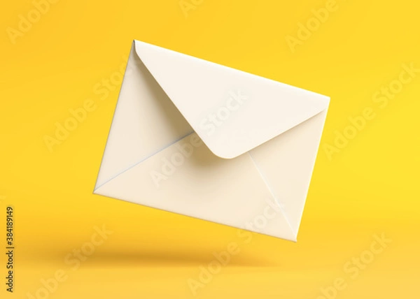 Fototapeta Envelope falling on the ground on a yellow backgorund. Email notification. Minimal design. 3D rendering illustration