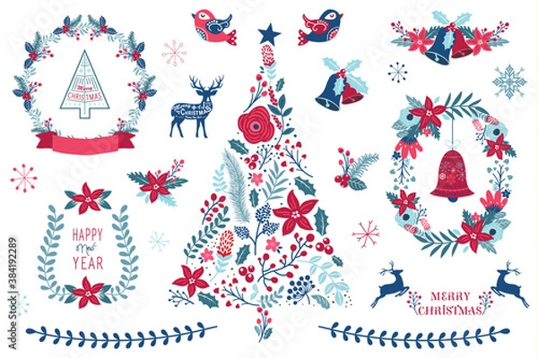Fototapeta Floral Christmas Tree with Wreath Design Elements