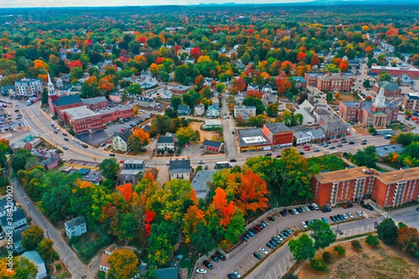 Fototapeta Aerial Drone Photography Of Downtown Dover, NH (New Hampshire) During The Fall Foliage Season