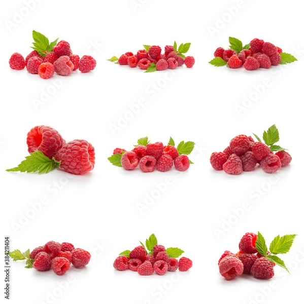 Fototapeta Raspberries collection with leaf isolated on white background