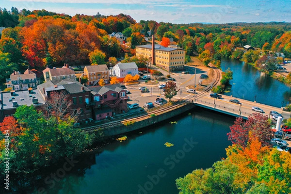 Fototapeta Aerial Drone Photography Of Downtown Somersworth, NH (New Hampshire) During The Fall Foliage Season