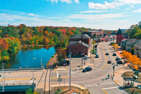Fototapeta Aerial Drone Photography Of Downtown Somersworth, NH (New Hampshire) During The Fall Foliage Season