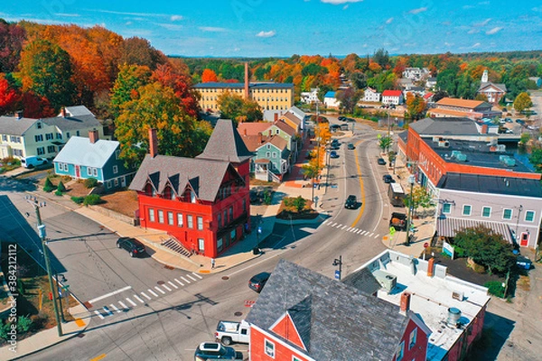 Fototapeta Aerial Drone Photography Of Downtown Somersworth, NH (New Hampshire) During The Fall Foliage Season