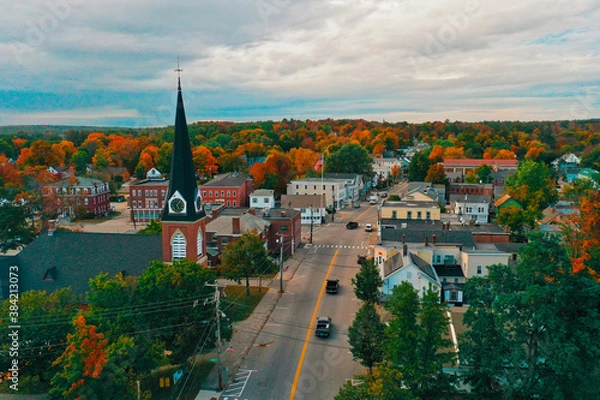 Fototapeta Aerial Drone Photography Of Downtown Farmington, NH (New Hampshire) During The Fall Foliage Season