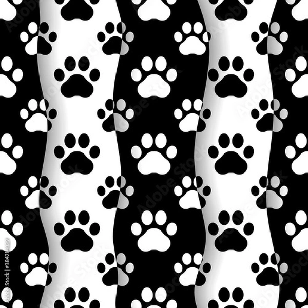 Fototapeta Pet prints. Paw seamless pattern. Cute background for pets, dog or cat. Foot puppy. Black silhouette shape paw. Footprint pet. Animal track. Trace foot dog, cat. Design walks pet for print. Vector