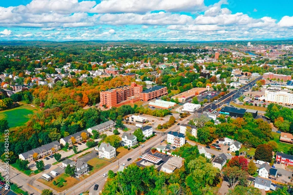 Fototapeta Aerial Drone Photography Of Downtown Bedford, NH (New Hampshire) During The Fall Foliage Season