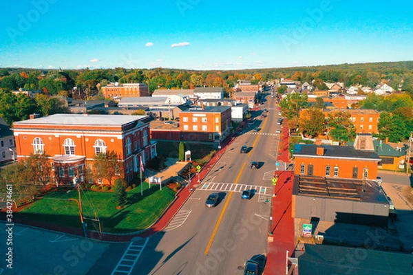 Fototapeta Autumn Aerial Drone Photography Of Downtown Derry, NH (New Hampshire) During The Fall Foliage Season