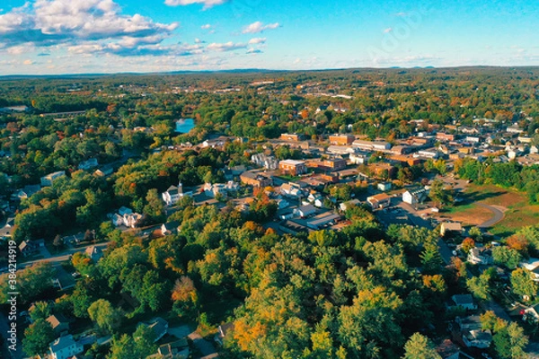 Fototapeta Autumn Aerial Drone Photography Of Downtown Derry, NH (New Hampshire) During The Fall Foliage Season