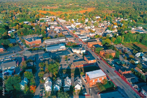 Fototapeta Autumn Aerial Drone Photography Of Downtown Derry, NH (New Hampshire) During The Fall Foliage Season