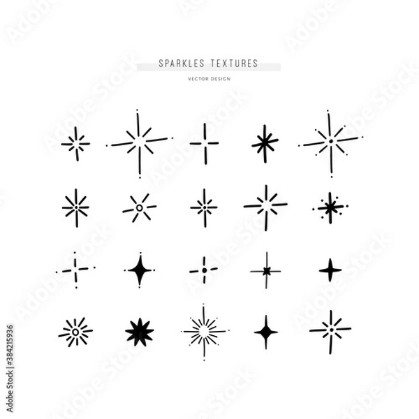 Obraz Set of 20 different stars and sparkles, sunbursts, comets. Bundle of various shining textures and decorations. Vector hand drawn elements. 