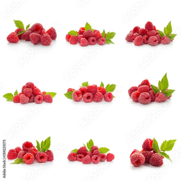 Fototapeta Raspberries collection with leaf isolated on white background