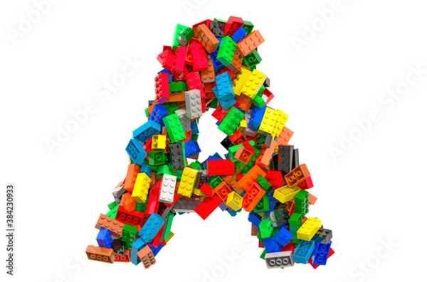 Fototapeta Letter A from colored plastic building blocks, 3D rendering