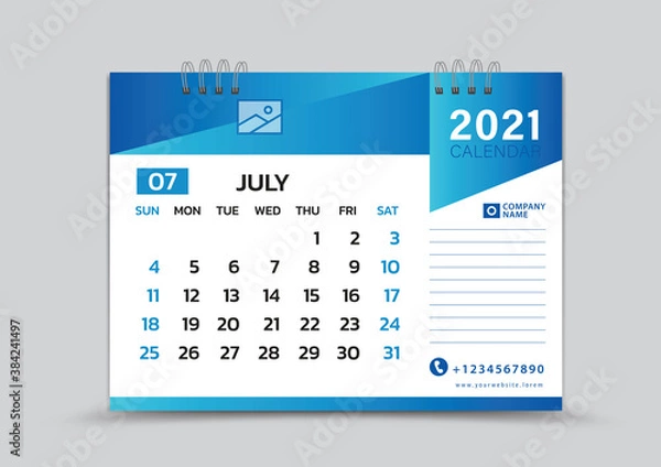 Fototapeta July month template, Desk Calendar 2021 Creative design can be place photo and logo, Week starts on Sunday, vector for calendar 2021 template, Blue gradient background