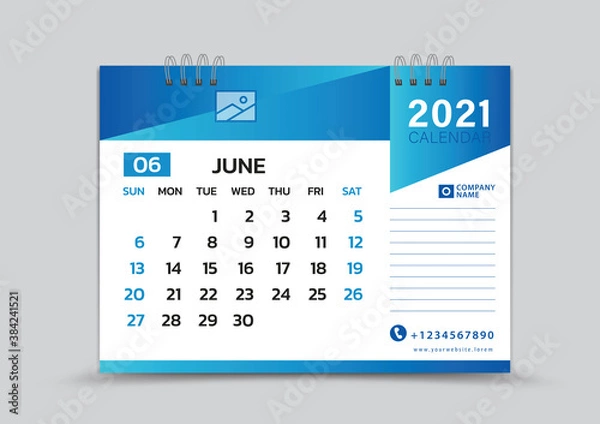 Fototapeta June month template, Desk Calendar 2021 Creative design can be place photo and logo, Week starts on Sunday, vector for calendar 2021 template, Blue gradient background