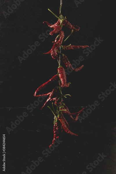 Obraz Dried red hot chili peppers isolated on the dark background.