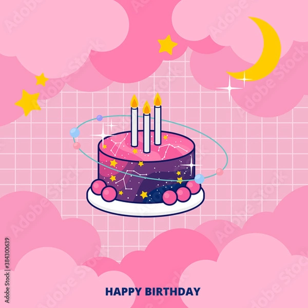 Fototapeta Cute fantasy galaxy birthday cake on pink background invitation card