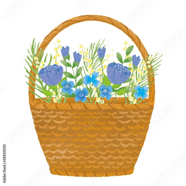 Fototapeta 手描きの青い花籠イラスト素材