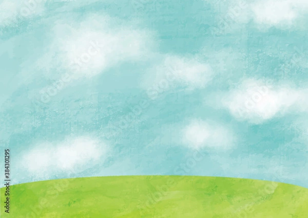 Fototapeta 手描きの青空の風景画イラスト背景素材：横型