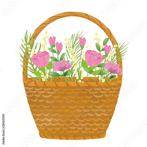 Fototapeta 手描きのピンクの花籠イラスト素材