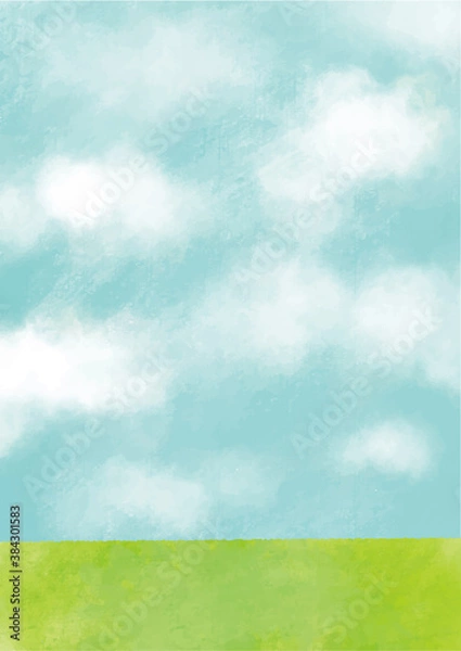 Fototapeta 手描きの青空の風景画イラスト背景素材：縦型