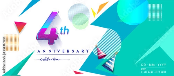 Fototapeta 4th years anniversary logo, vector design birthday celebration with colorful geometric background and circles shape.