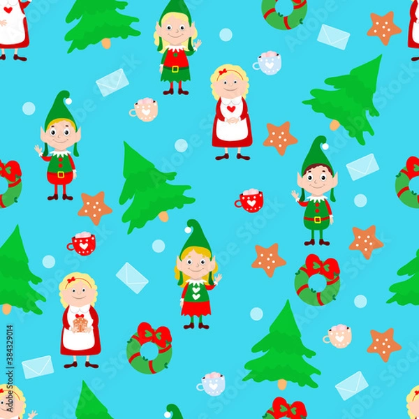 Fototapeta Mrs. Santa, elves, Christmas trees, gingerbread cookies and letters on a blue background. Vector seamless pattern in cartoon style. Symbols of Christmas and New Year.