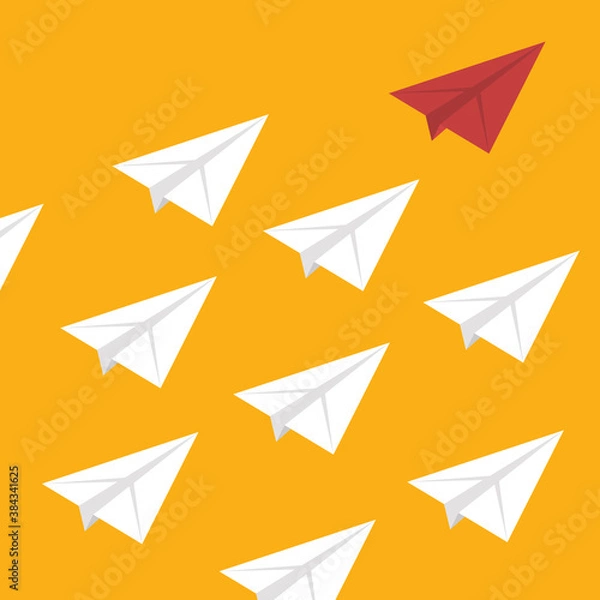 Fototapeta Red Paper Airplane Leading White Paper Airplanes. Leadership Concept With Paper Planes.	