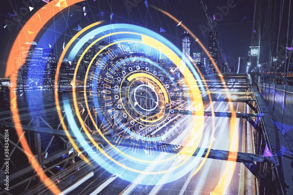 Fototapeta Double exposure of technology theme hologram and cityscape background. Concept of Hightech.