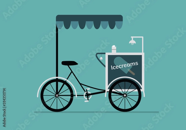 Obraz Detailed creative vector ice cream bicycle cart vintage classic design web background | Detailed retro ice cream vending cart 