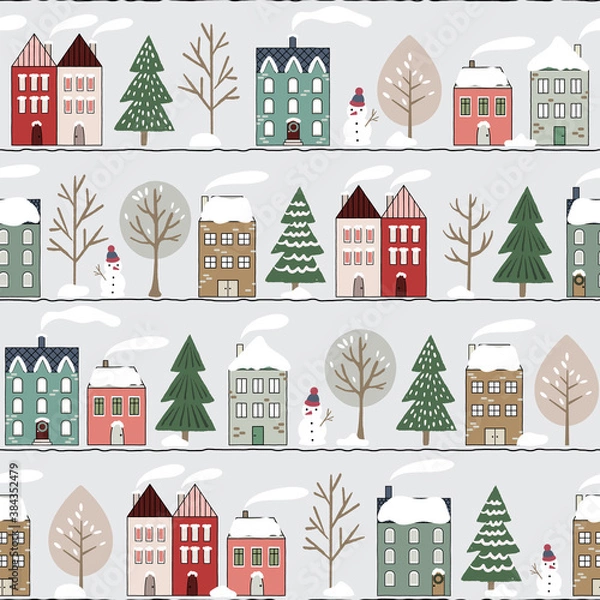 Fototapeta Christmas vector repeat pattern with snowy street