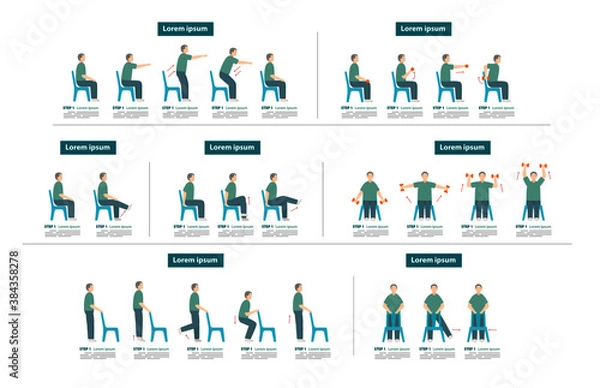 Fototapeta old man sit on chair exercise step cartoon set