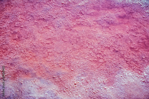 Fototapeta Salt, brine and mud of pink salty Sivash Lake near Azov Sea, colored by micro algae Dunaliella salina, enriching water of the lake by beta-carotene