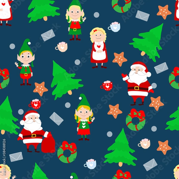 Fototapeta Christmas seamless pattern Santa Claus and Mrs Santa Claus, funny elves in green costumes, letter, Christmas trees, gingerbread on a dark blue background.