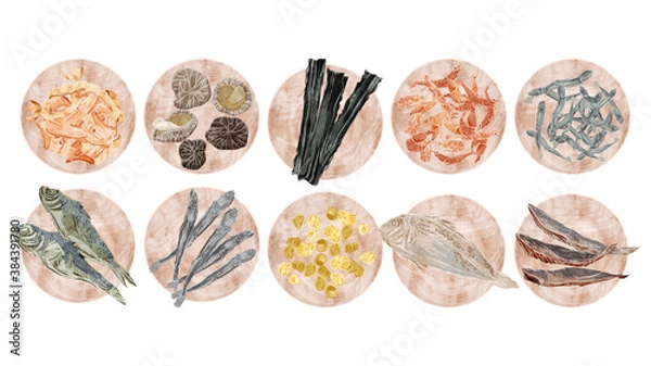 Obraz 和風出汁の材料を載せた木皿のイラスト