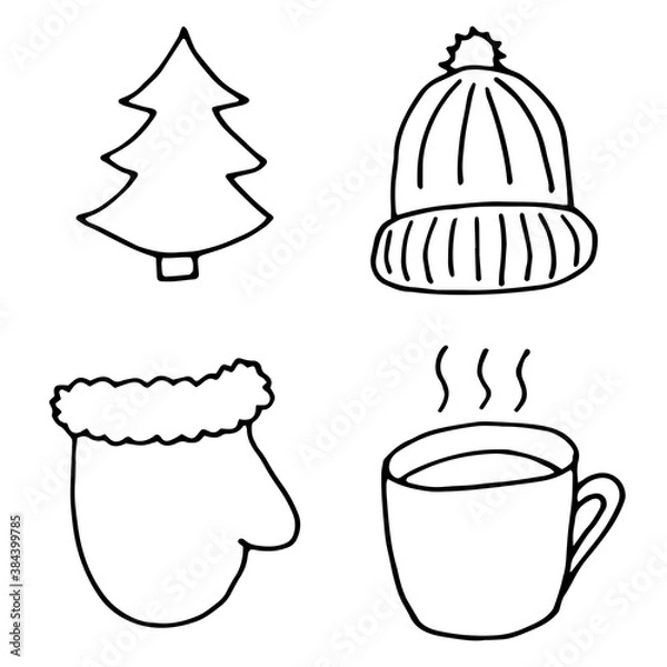 Fototapeta Set of winter elements, hand drawn doodle style illustrations. Hat, mitten, mistletoe and cup of hot drink. Black objects isolated on white board. Vector illustration. Good for print, cards, design