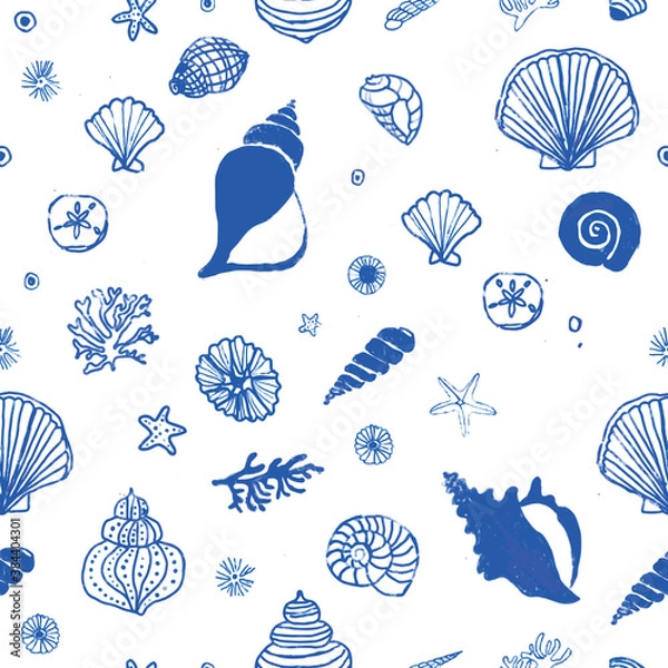 Fototapeta seamless light blue sea shells and starfish pattern. repeating vector beach and ocean pattern. line art.