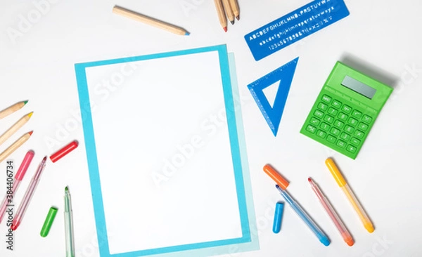 Fototapeta School objects in desk table