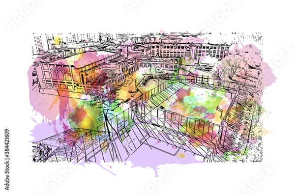 Fototapeta Building view with landmark of Bialystok is the largest city in northeastern Poland. Watercolor splash with hand drawn sketch illustration in vector.