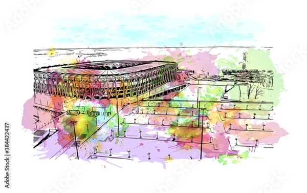 Fototapeta Building view with landmark of Bialystok is the largest city in northeastern Poland. Watercolor splash with hand drawn sketch illustration in vector.