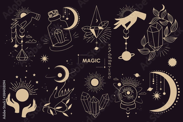 Fototapeta Duży zestaw symboli magicznych i astrologicznych. Mistyczne znaki, sylwetki, znaki zodiaku, karty tarota. Ilustracji wektorowych. Sztuka czarów. Naklejki, banery, dekoracje. Ezoteryczna estetyka. Wyciągnąć rękę.