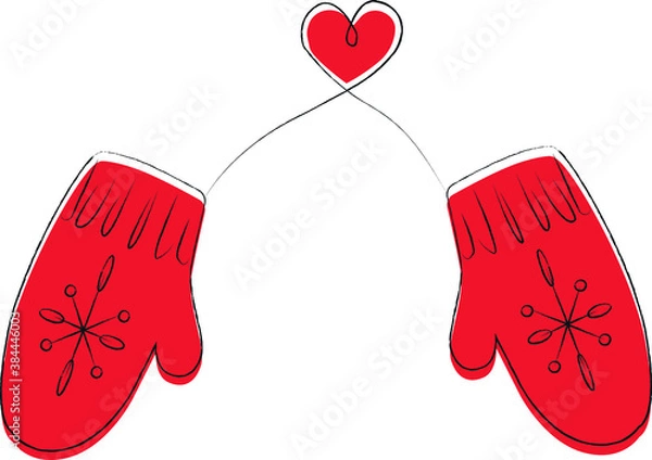 Obraz Winter vector illustration. New Year's illustration. Red mittens in connection with the heart