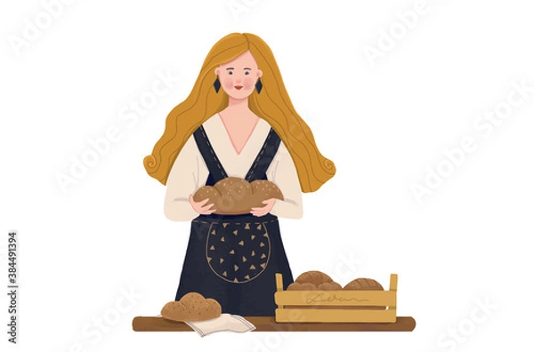 Fototapeta Baker girl and bread. Modern flat vector concept illustration of a baker cartoon girl. Rye bread, loaf, grain, bun, roll. 