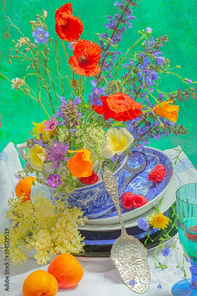 Fototapeta Still life with wild flowers in a soup cup