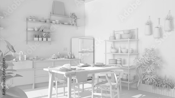 Fototapeta Total white project of country kitchen, eco interior design, sustainable parquet floor, dining table, chairs, wooden shelves, potted plants. Natural recyclable architecture concept
