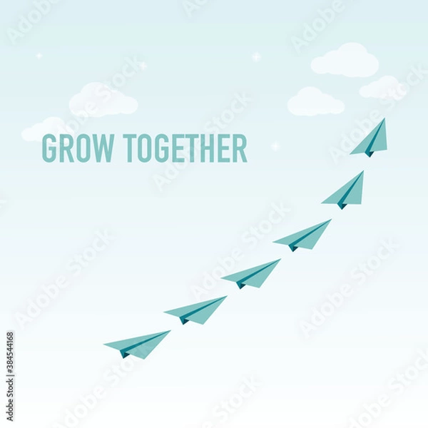 Fototapeta blue paper airplanes flying in the blue sky, Grow together, win together concept vector 