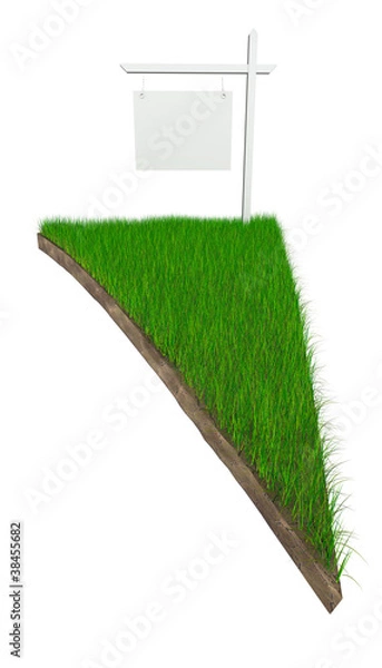 Fototapeta Sign on piece of land with grass isolated on white
