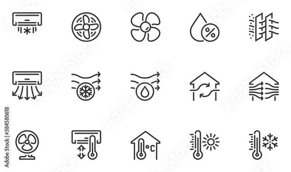 Fototapeta Set of Air Conditioning Vector Line Icons. Air Cooling, Fan, Humidity, Air Circulation, Ventilation. Editable Stroke. 48x48 Pixel Perfect.