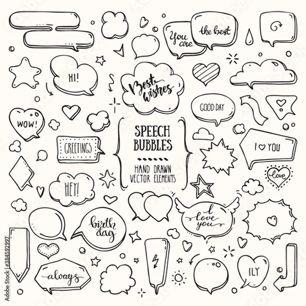 Fototapeta Think, talk speech bubbles with love messages, birthday congratulations, greetings. Hand drawn doodle style comic balloon, cloud, heart shaped design elements. Isolated vector set on white background.