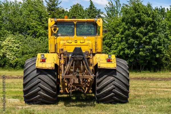 Fototapeta Backside of a yellow tractor with heavy wheels in a field with trees in background