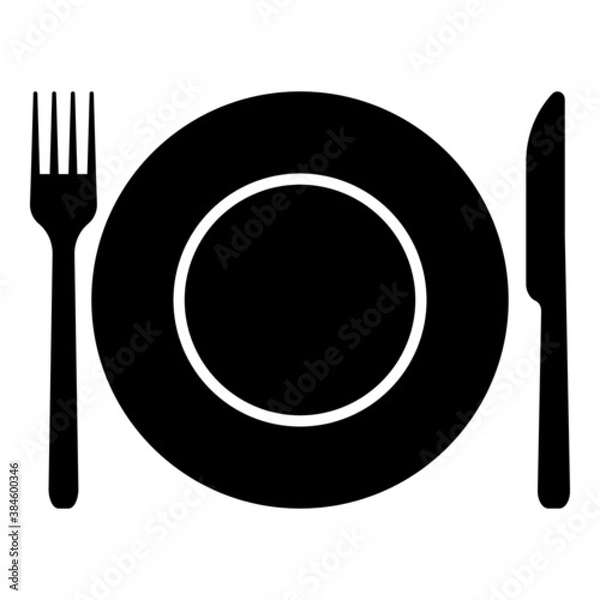 Fototapeta Plate, fork and knife icon vector in flat style. Food symbol isolated on blank background.